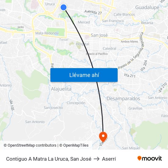 Contiguo A Matra La Uruca, San José to Aserrí map