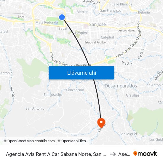 Agencia Avis Rent A Car Sabana Norte, San José to Aserrí map