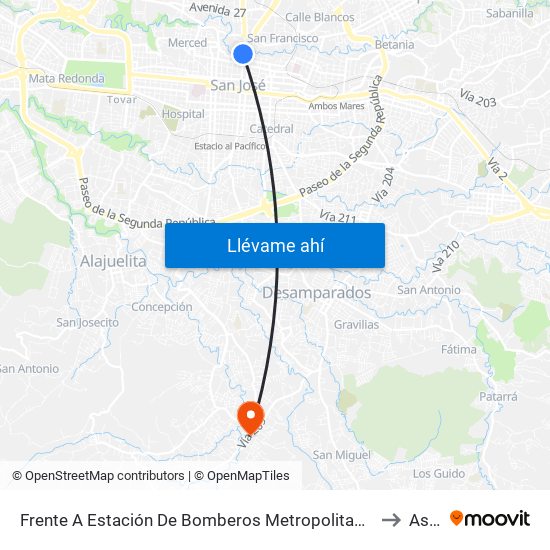 Frente A Estación De Bomberos Metropolitana Norte, San José to Aserrí map