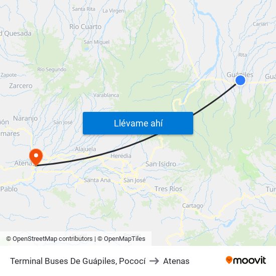 Terminal Buses De Guápiles, Pococí to Atenas map