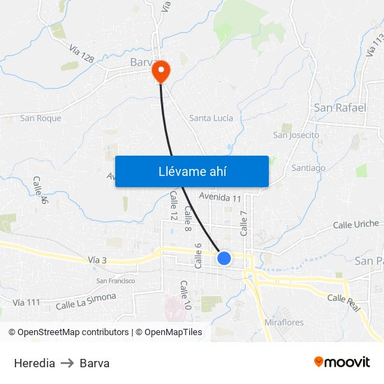 Heredia to Barva map