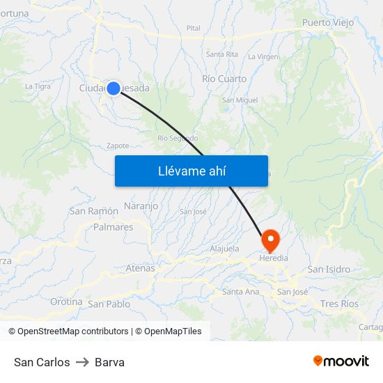 San Carlos to Barva map