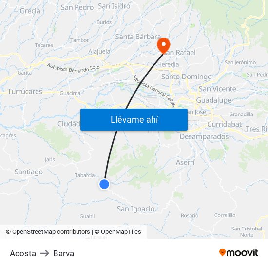 Acosta to Barva map