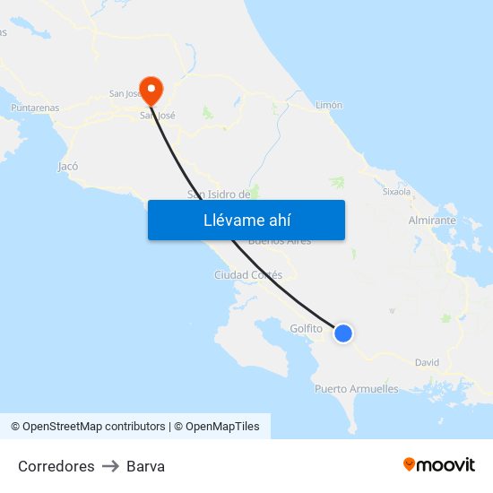 Corredores to Barva map
