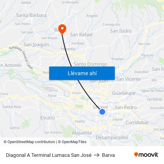 Diagonal A Terminal Lumaca San José to Barva map