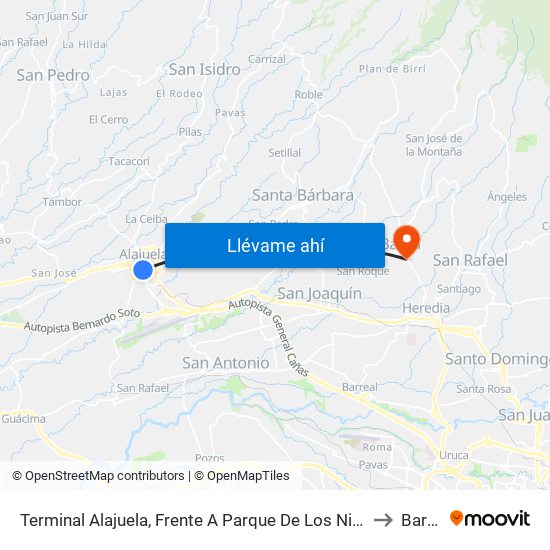 Terminal Alajuela, Frente A Parque De Los Niños to Barva map