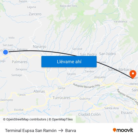 Terminal Eupsa San Ramón to Barva map