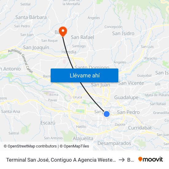 Terminal San José, Contiguo A Agencia Western Union Avenida Segunda to Barva map