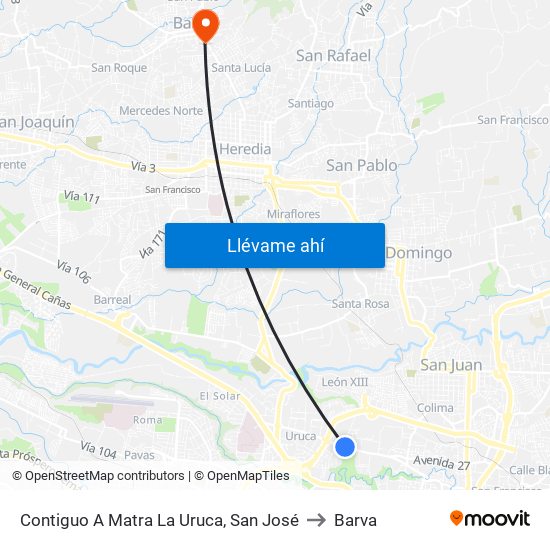 Contiguo A Matra La Uruca, San José to Barva map