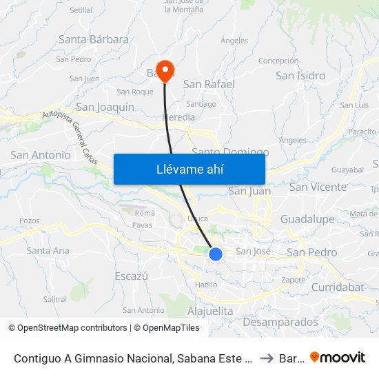 Contiguo A Gimnasio Nacional, Sabana Este San José to Barva map