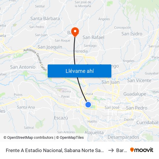 Frente A Estadio Nacional, Sabana Norte San José to Barva map