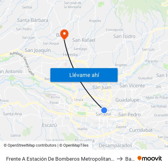 Frente A Estación De Bomberos Metropolitana Norte, San José to Barva map