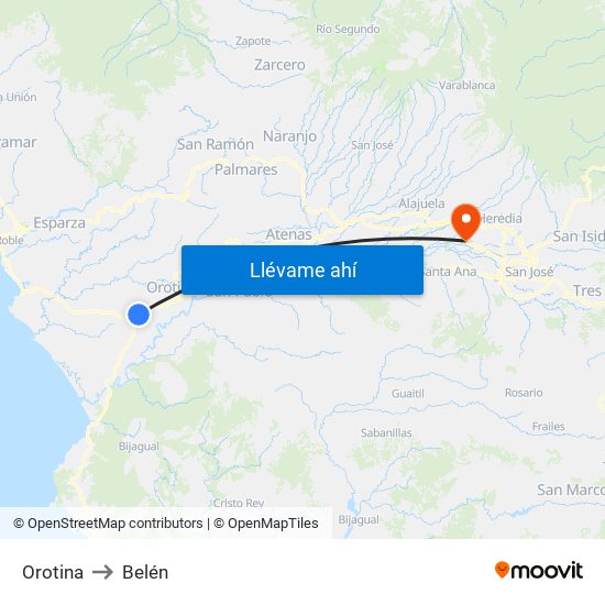 Orotina to Belén map