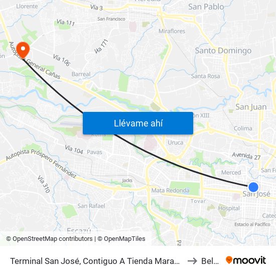 Terminal San José, Contiguo A Tienda Maracay to Belén map