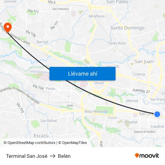 Terminal San José to Belén map