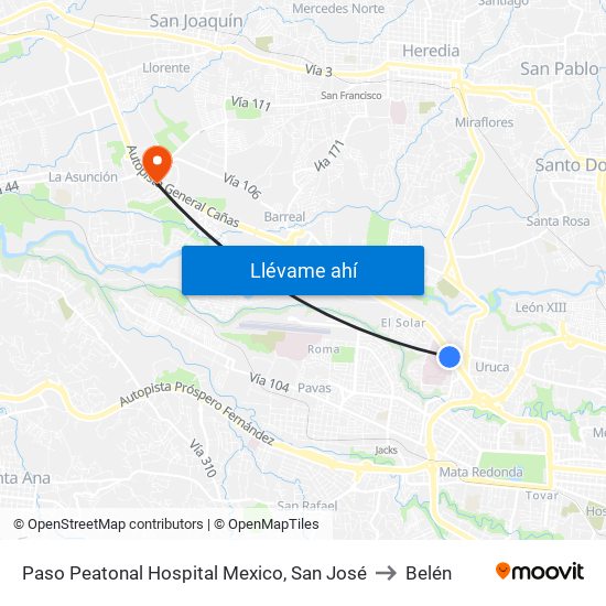 Paso Peatonal Hospital Mexico, San José to Belén map