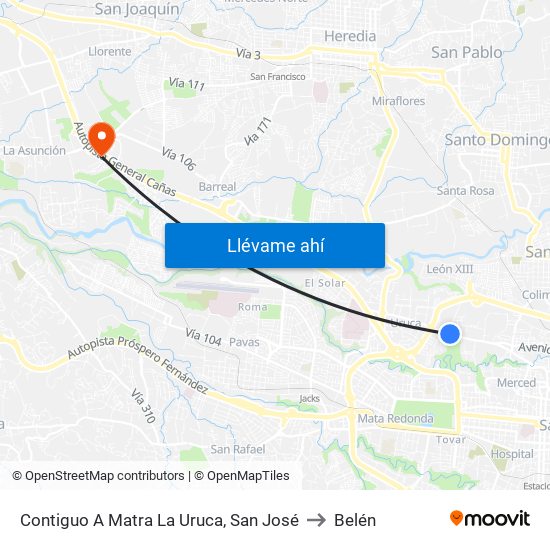Contiguo A Matra La Uruca, San José to Belén map