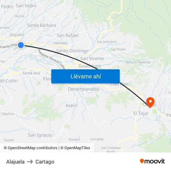Alajuela to Cartago map
