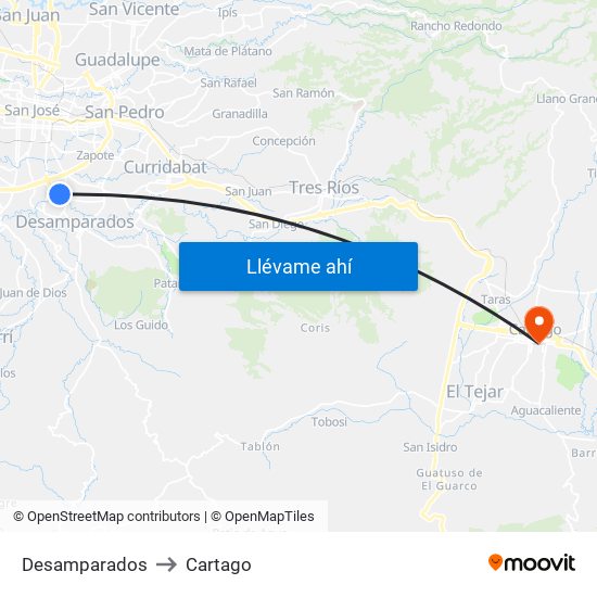 Desamparados to Cartago map