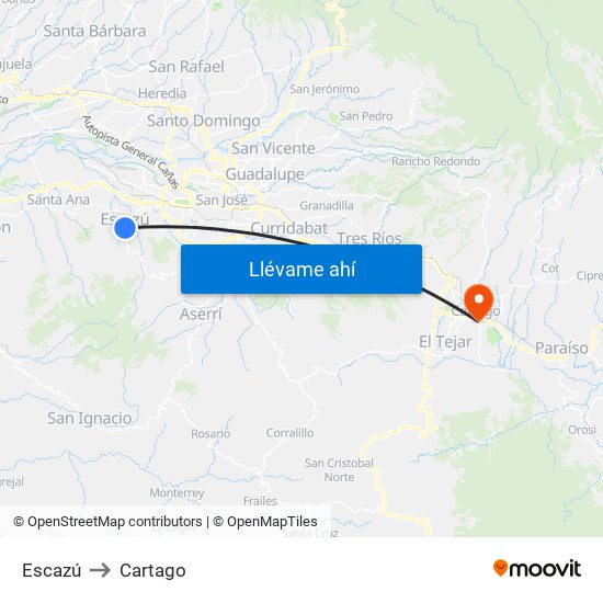 Escazú to Cartago map