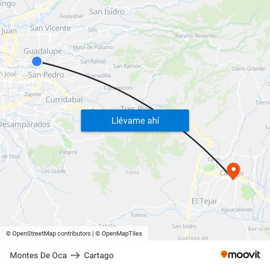 Montes De Oca to Cartago map