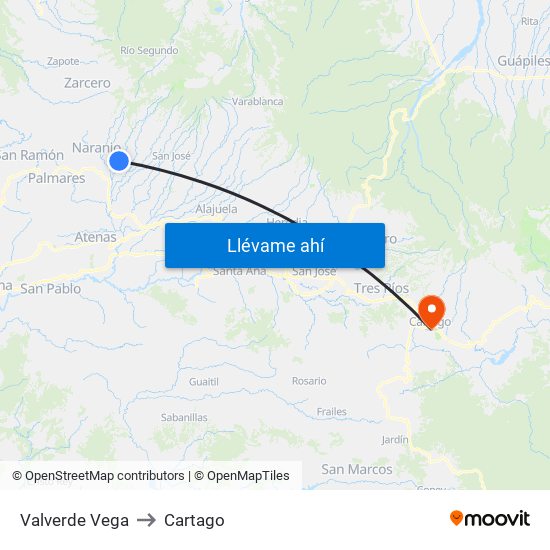 Valverde Vega to Cartago map