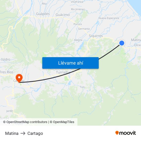 Matina to Cartago map