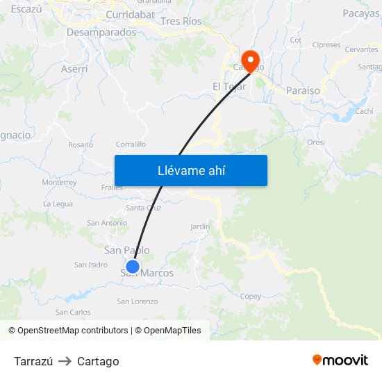 Tarrazú to Cartago map