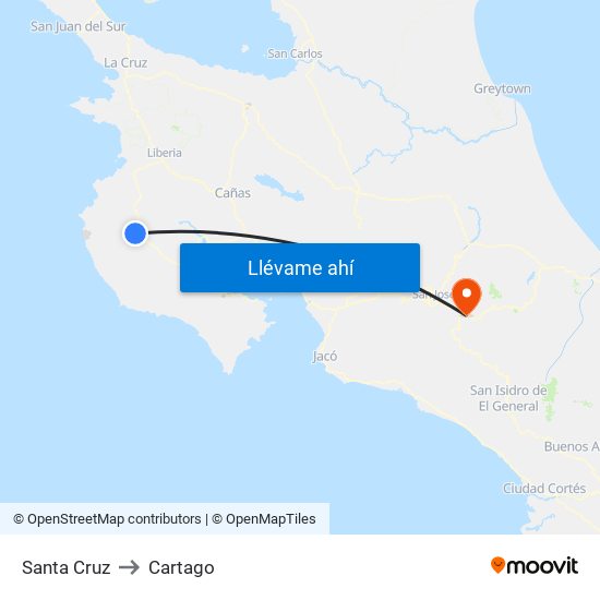 Santa Cruz to Cartago map
