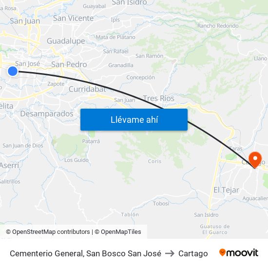 Cementerio General, San Bosco San José to Cartago map