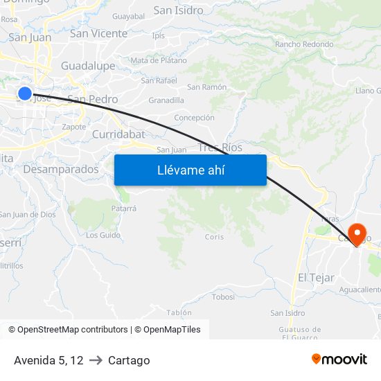 Avenida 5, 12 to Cartago map