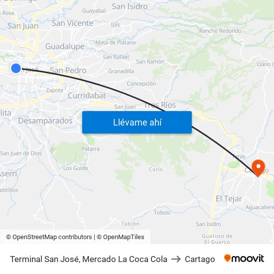 Terminal San José, Mercado La Coca Cola to Cartago map