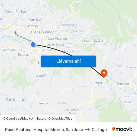 Paso Peatonal Hospital Mexico, San José to Cartago map