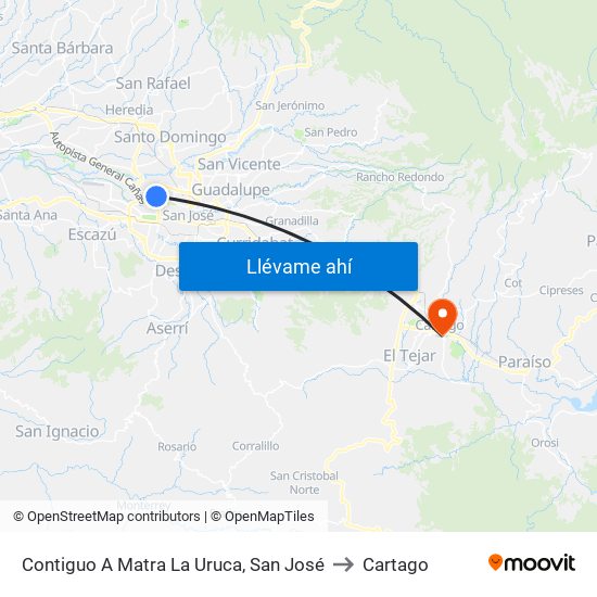 Contiguo A Matra La Uruca, San José to Cartago map