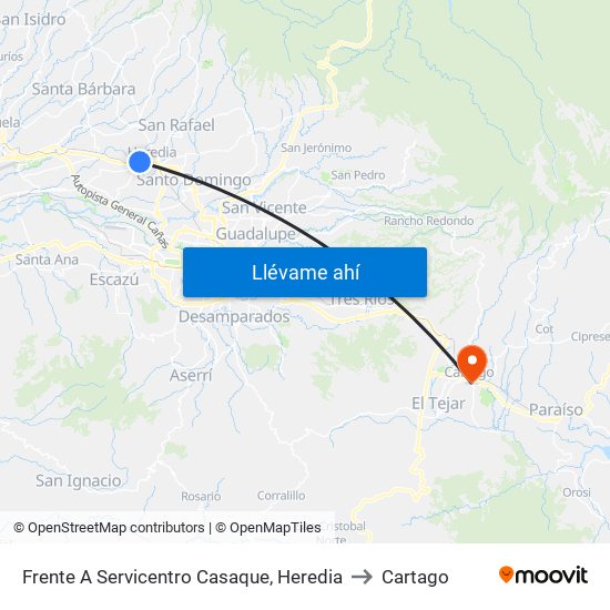Frente A Servicentro Casaque, Heredia to Cartago map