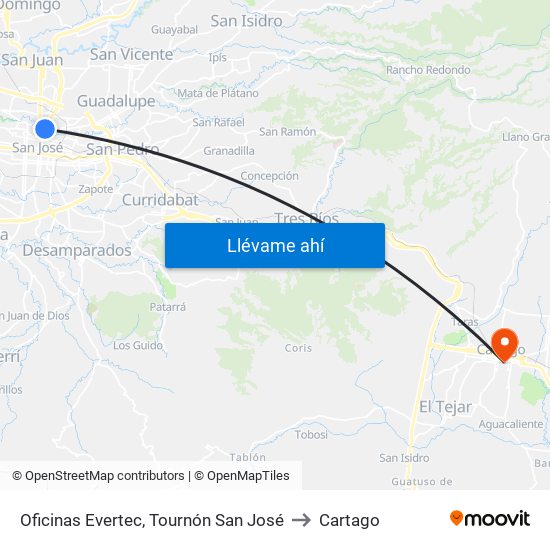 Oficinas Evertec, Tournón San José to Cartago map