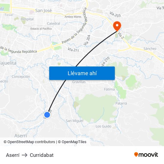 Aserrí to Curridabat map