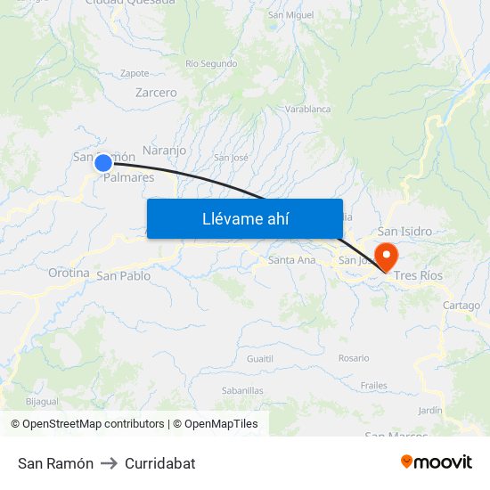 San Ramón to Curridabat map