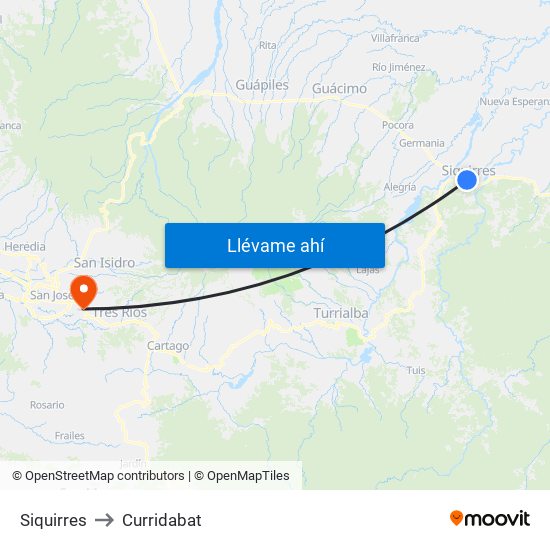 Siquirres to Curridabat map
