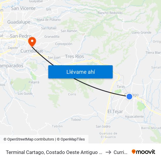 Terminal Cartago, Costado Oeste Antiguo Banco Crédito Agricola to Curridabat map