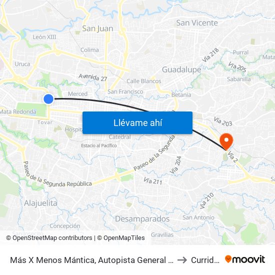 Más X Menos Mántica, Autopista General Cañas San José to Curridabat map