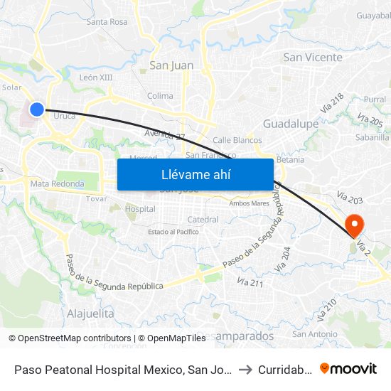 Paso Peatonal Hospital Mexico, San José to Curridabat map