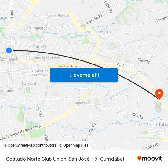 Costado Norte Club Unión, San José to Curridabat map