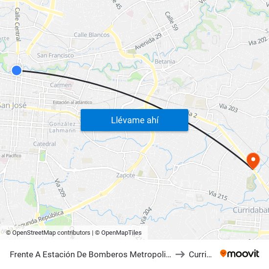 Frente A Estación De Bomberos Metropolitana Norte, San José to Curridabat map
