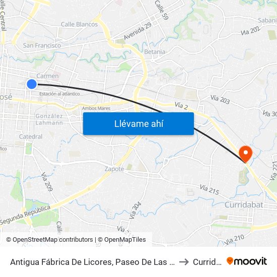 Antigua Fábrica De Licores, Paseo De Las Damas San José to Curridabat map