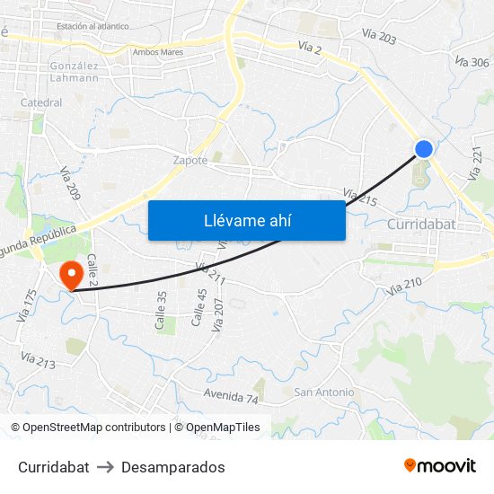 Curridabat to Desamparados map