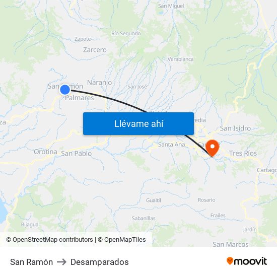 San Ramón to Desamparados map