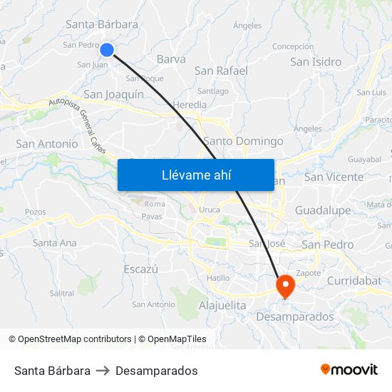 Santa Bárbara to Desamparados map