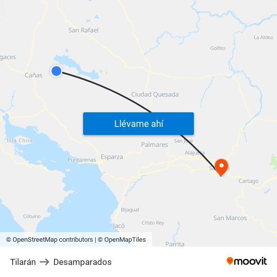 Tilarán to Desamparados map