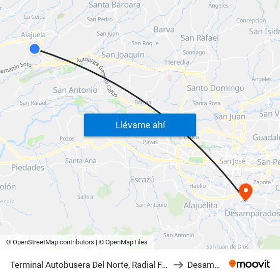 Terminal Autobusera Del Norte, Radial Francisco J. Orlich Alajuela to Desamparados map